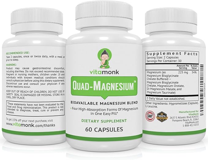 Quad Magnesium Blend by Vitamonk - with Magnesium Orotate Glycinate Chelate Magnesium Taurate and Di- Magnesium Malate - High Absorption Magnesium Complex for Sleep Heart and Mood
