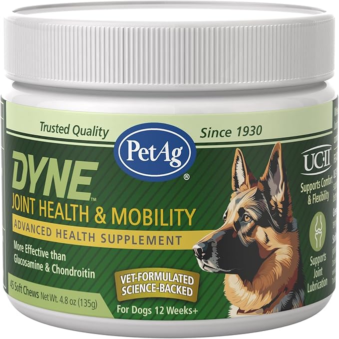 PetAg Dyne Soft Chews Joint Health &amp Mobility Supplement - Vet-Formulated for Dogs - with UC-II® Collagen - Up to 4X More Effective Than Glucosamine/Chondroitin - 45 Chicken Liver Flavor Chews