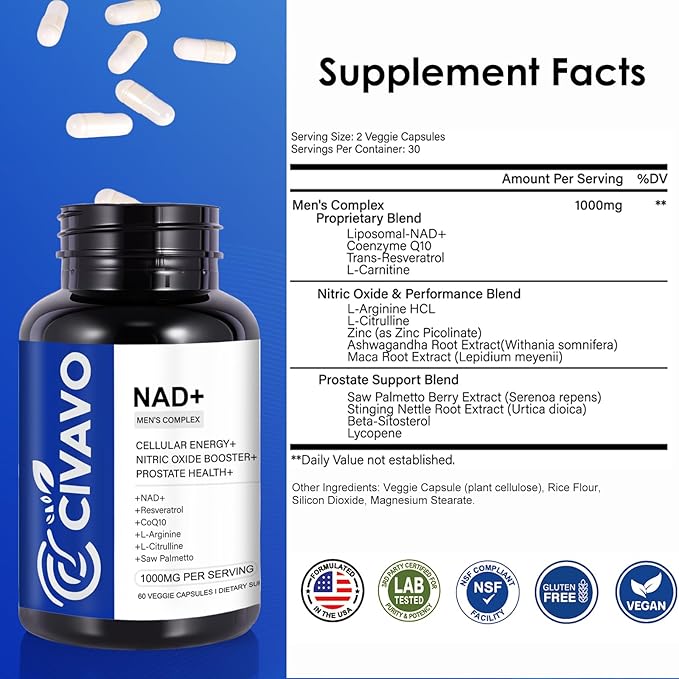 NAD+ Supplement for Men 1000mg Liposomal NAD+ with Resveratrol CoQ10 L-Citrulline &amp Maca Root – Cellular Energy Healthy Aging SupportAntioxidantNitric Oxide Prostate Health for Men – 60 Caps