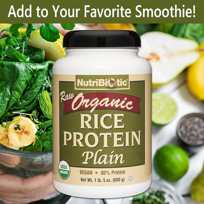 NutriBiotic Certified Organic Plain Rice Protein 21 Ounce | Low Carbohydrate Vegan Protein Powder | Raw Certified Kosher &amp Keto Friendly | Made Without Chemicals GMOs &amp Gluten | Easy to Dig