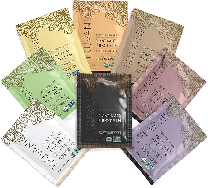 Truvani Vegan Pea Protein Powder | Sample Pack | 20g Organic Plant Based Protein | 8 Single Serving Packets | Keto | Gluten &amp Dairy Free | Low Carb | No Added Sugar