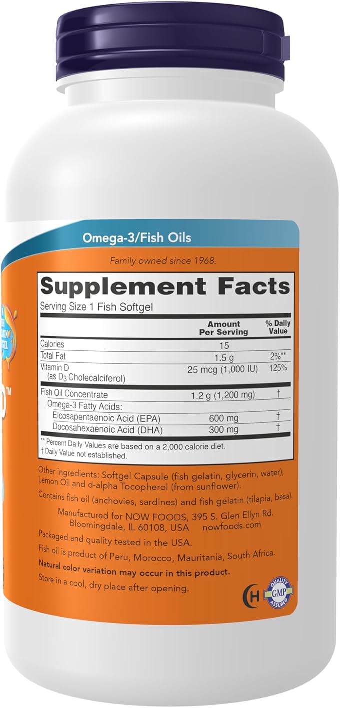 NOW Foods Supplements Ultra Omega 3-D™ Omega-3 Fish Oil + Vitamin D-3 Cardiovascular Support* 180 Softgels