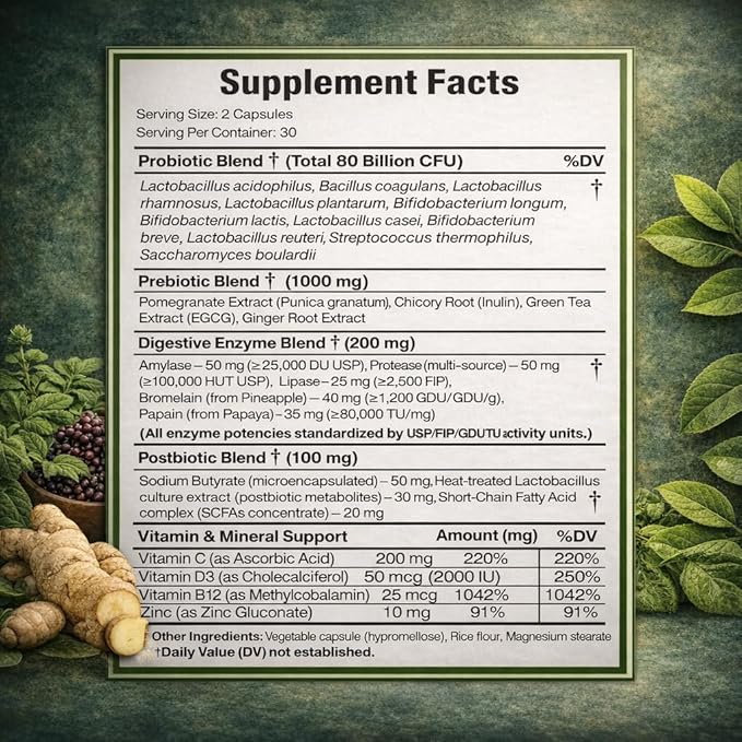 NATURAL NEED™ Gut Health – 5-in-1 Formula with Probiotics Prebiotics Postbiotics Enzymes &amp Vitamins (CD3B12Zinc) – Delayed Release Capsule – Supports Overall Digestion Immunity &amp Gut –