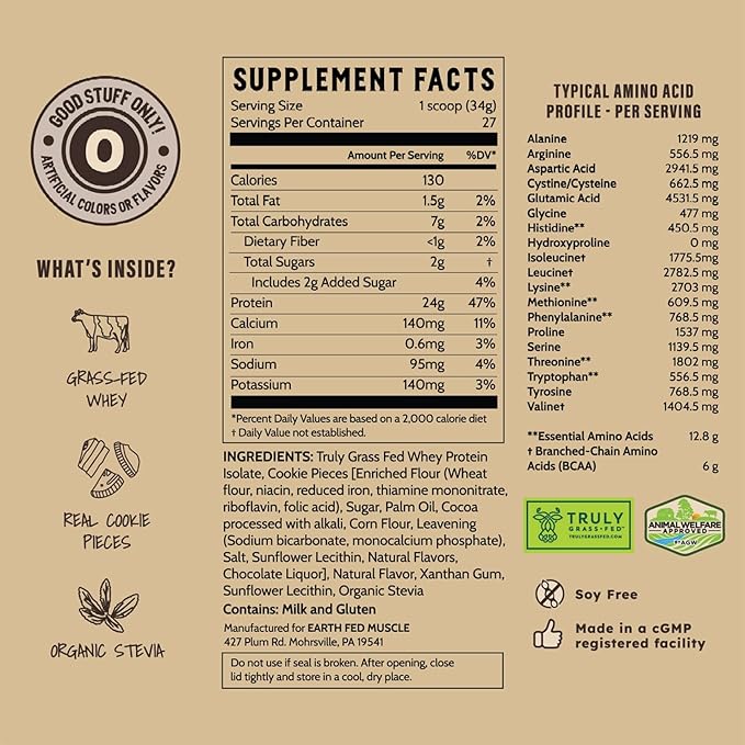 Earth Fed Muscle Husky Dunker Cookies N' Cream Truly Grass Fed Whey Protein Powder - No Artificial Ingredients Soy Free Non-GMO and Hormone Free (2 Pound 27 Servings Cookies n' Cream)