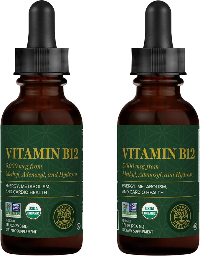 Global Healing Center - Vitamin B12 5000 mcg Organic Sublingual Liquid Drops | 3-in-1 Methylcobalamin Adenosylcobalamin Hydroxo Blend 1 Fl Oz (2-Pack)