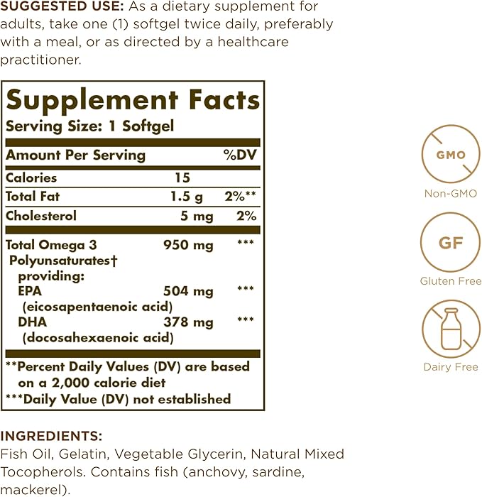 Solgar Triple Strength Omega 3 950 mg - 100 Softgels Pack of 2 - Supports Joint &amp Skin Health - Non-GMO Gluten Free Dairy Free - 200 Total Servings