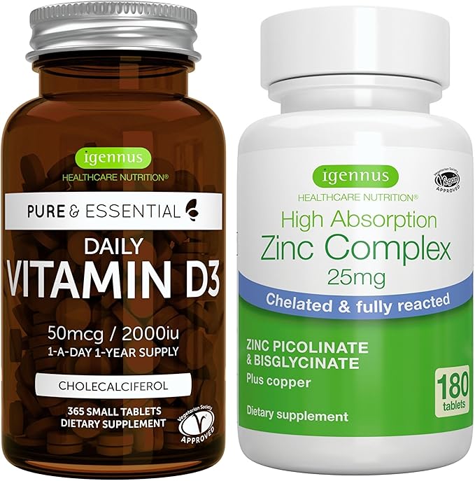 Daily Vitamin D3 + Zinc Complex Vegetarian Bundle 365 2000iu Vitamin D3 Tablets + 25mg Chelated Zinc Picolinate &amp Bisglycinate with Copper by Igennus