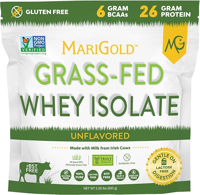 MariGold Grassfed Whey Isolate Protein Powder - Unflavored 2LB - Muscle Building &amp Recovery - 100% Pure Cold Processed Micro Filtered Non-GMO rBGH Free Soy Free Gluten Free Lactose Free