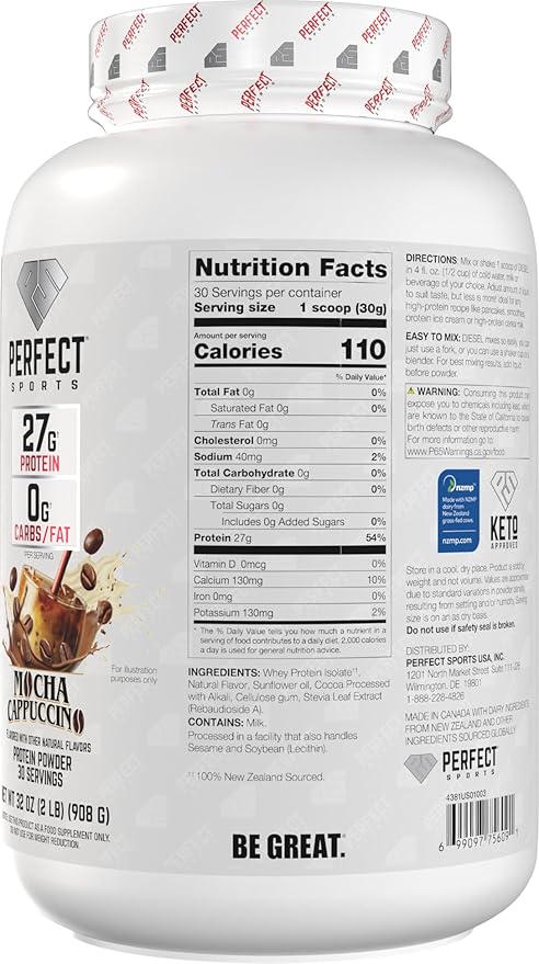 PERFECT SPORTS Diesel 100% New Zealand Whey Protein Isolate | Stevia Sweetened No Artificial Ingredients Keto | 0g Carb 0g Fat 26g Protein | 2 Pounds (Mocha Latte Cappuccino)