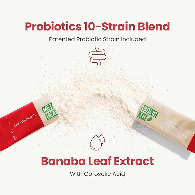 PROBIOTICS for METABOLIC Health – 20 Billion CFU 10-Strain Probiotics &amp Prebiotics Powder Sticks Banaba Leaf Gut Health Immune Support Corosolic Acid Sugar Free (30 Sticks x 2g)