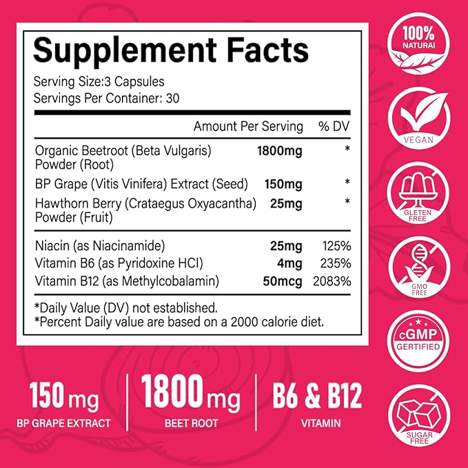 20:1 Organic Beet Root Capsules 1800 mg Beet Supplement 150mg BP Grape Extract &amp Vitamin B6 B12 Supports Nitric Oxide Production Health Circulation &amp Blood Flow Non-GMO 90 Capsules 30-Da