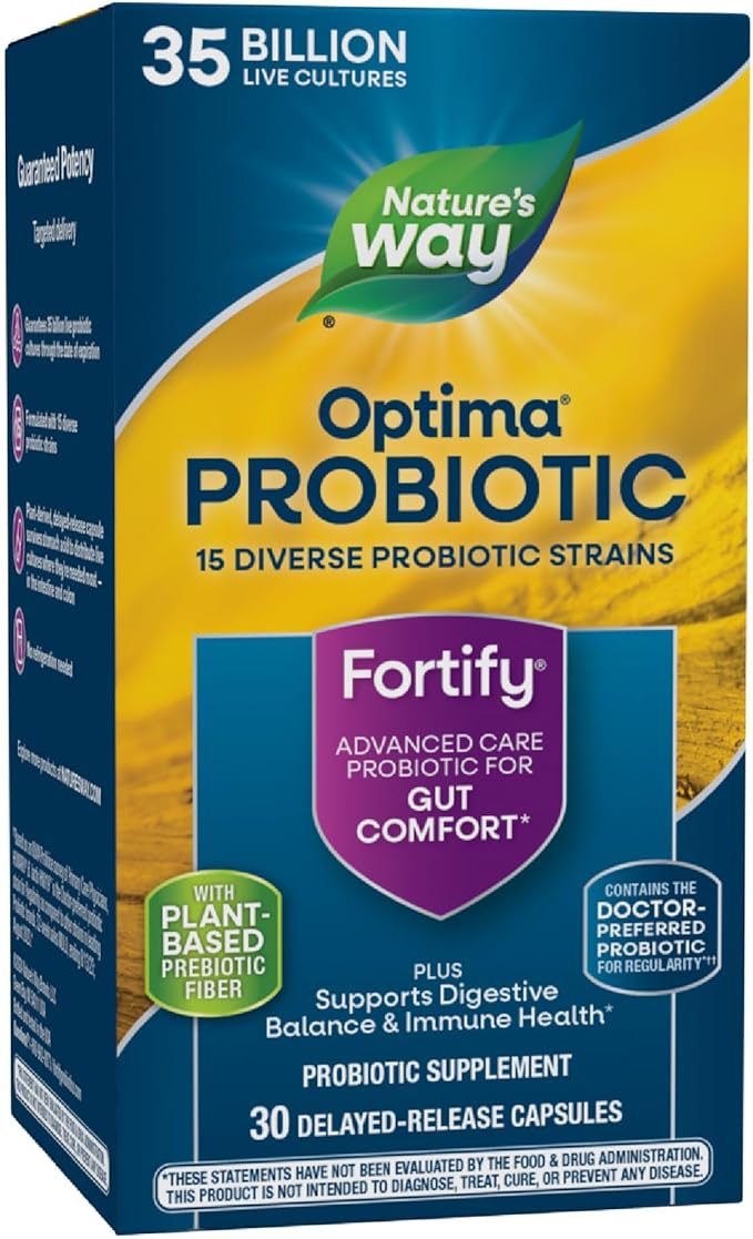 Nature's Way Fortify Optima Probiotic for Adults 35 Billion Live Cultures 15 Strains Supports Digestive Balance and Immune Health* No Refrigeration Required 30 Capsules (Packaging May Vary)