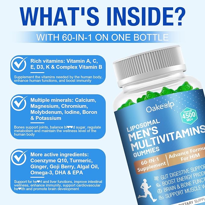 2 Pack Overall 4500MG+ Liposomal Men's Multivitamin 60-IN-1 Gummy300B Probiotics Algal DHA CoQ10Turmeric &amp Herbal Blends120+ Nutrientsfor Immune EnergyProstateHeart and Digestive Wellness