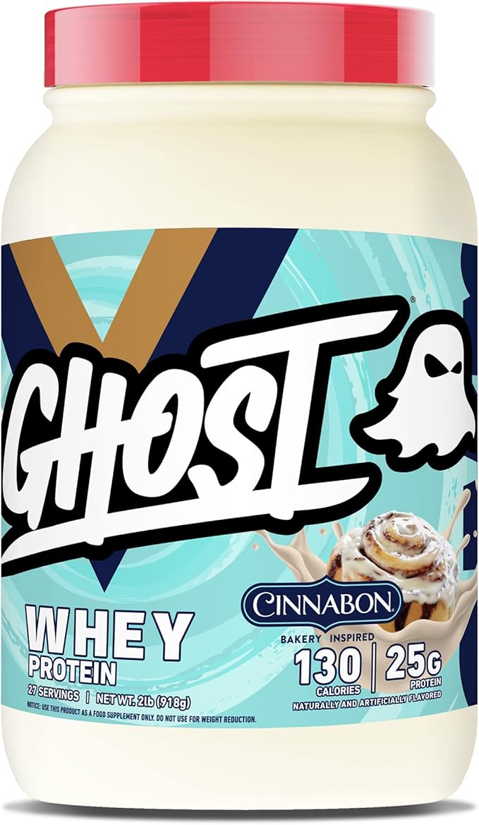 GHOST Whey Protein Powder Cinnabon - 2LB 25G of Protein - Cinnamon Roll Flavored Isolate Concentrate &amp Hydrolyzed Whey Protein Blend - Post Workout Shakes - Soy &amp Gluten Free