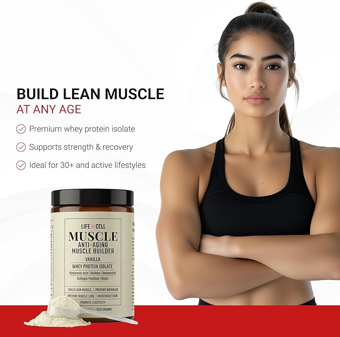 LifeCell Whey Protein – Anti-Aging Muscle Builder with Shiitake Mushroom Collagen &amp Hyaluronic Acid – Vanilla No Sugar Added Soy-Free Gluten-Free 550g