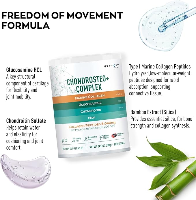 Granions Glucosamine Chondroitin MSM Powder 1550mg – Joint Supplements for Men and Women - Chondrosteo Hydrolyzed Marine Collagen Peptides Essential Vitamins Glucosamine Complex – Wild Berry 9.9oz