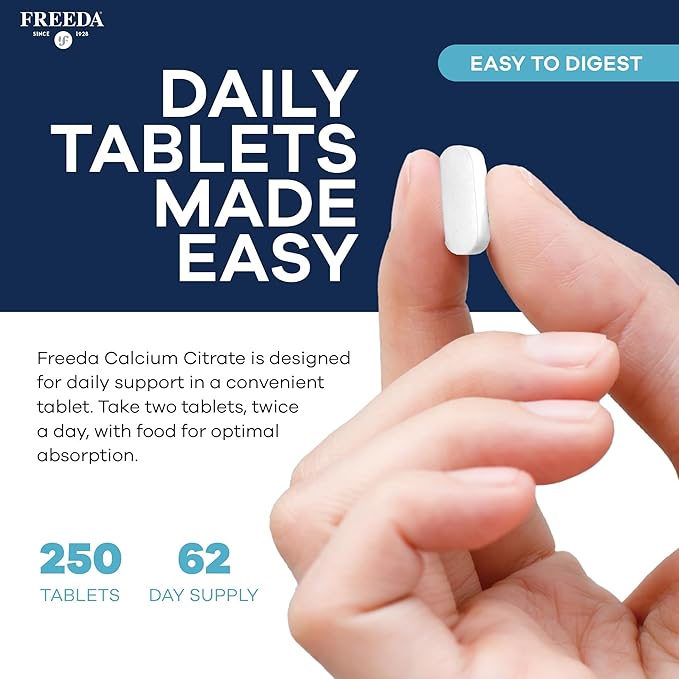 Freeda Pure Calcium Citrate 1000mg per Serving – Kosher Vegan Bone Strength Supplement – Supports Bone Density &amp Muscle Function – Calcium Supplements for Women and Men – No Vitamin D (250 Tablets