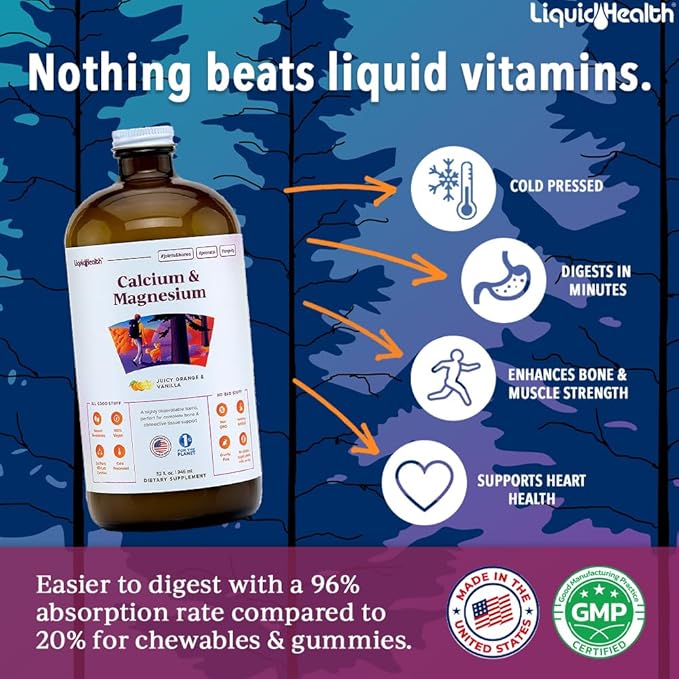 LIQUIDHEALTH Calcium &amp Magnesium Adult Liquid Vitamin Supplement - Bone Joint Muscle Connective Tissue Support Heart Health Essential Nutrients - Made in USA Vegan Non GMO No Sugar (3 Pack