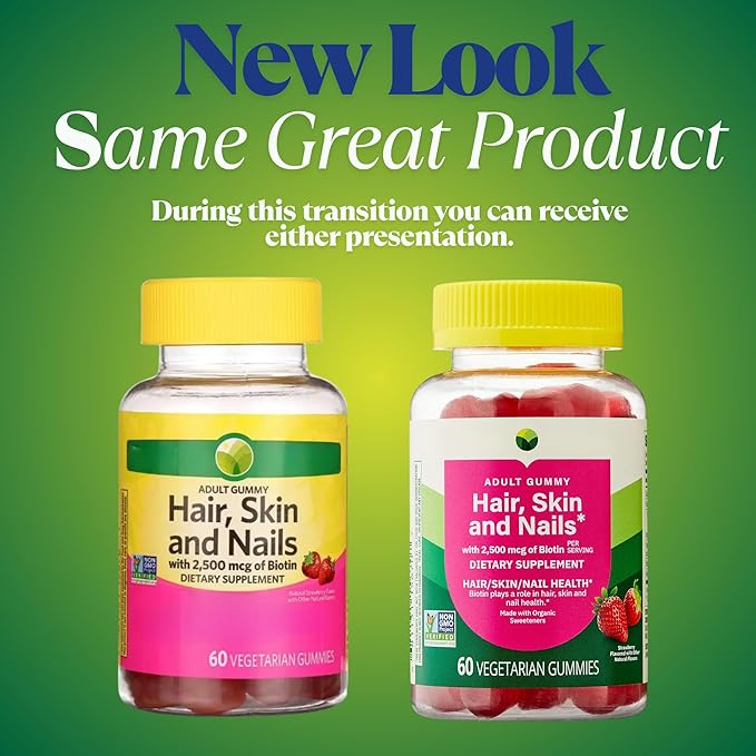 KP+ Hair Skin &amp Nails Biotin 2500 mcg | Adult Gummy Vitamins | Supports Healthy Hair Glowing Skin &amp Strong Nails | Strawberry Flavor | 60 Vegetarian Gummies | Non-GMO* | Pack of 2