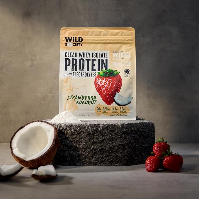WILD SOCIETY - Clear Protein Powder + Electrolytes - 20g Clear Whey Protein Isolate Drink - Zero Sugar - 0g Lactose - Natural Flavors &amp Colors - Muscle Post Workout Recovery - Strawberry Coconut