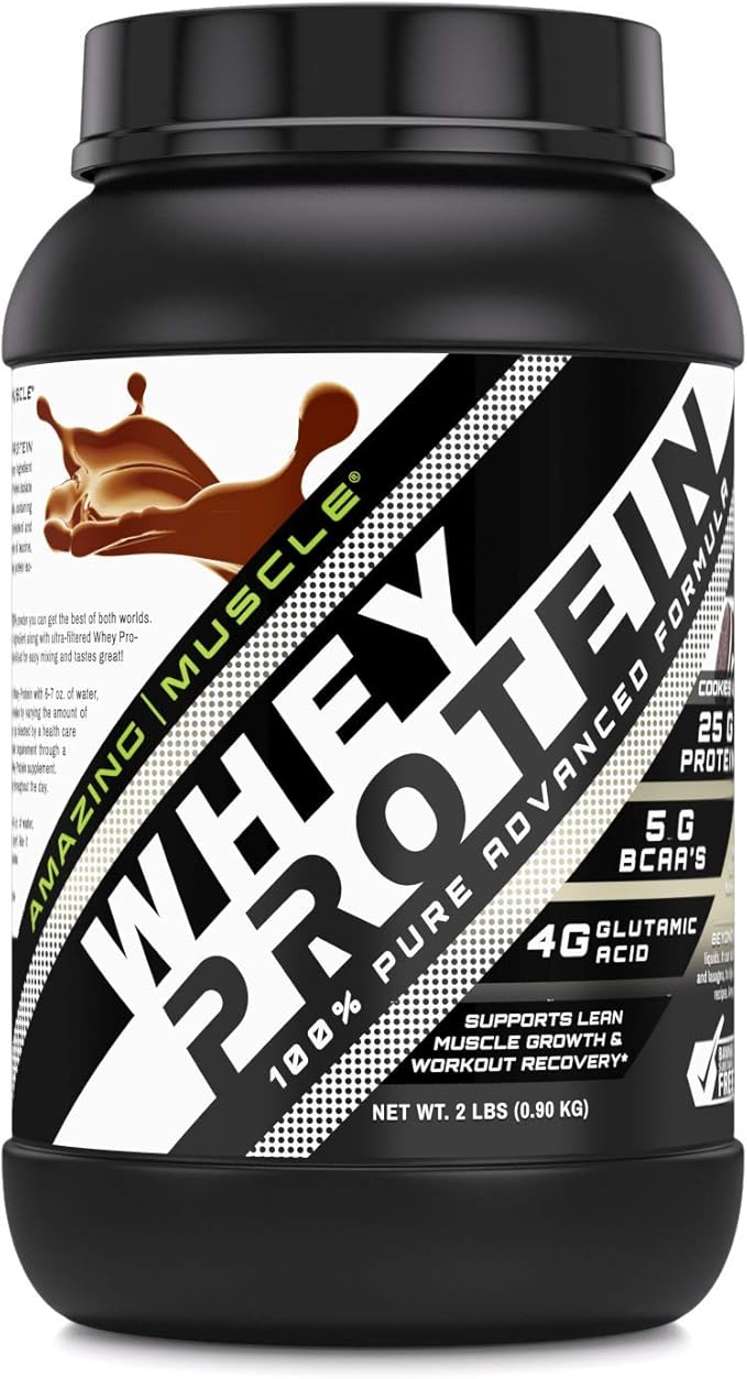 Amazing Muscle Whey Protein Isolate &amp Concentrate Powder | 25 G Protein per Serving | Non-GMO | Gluten-Free (2 LB Cookies &amp Cream)