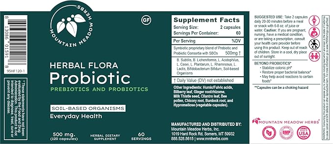 Mountain Meadow Herbs Herbal Flora Probiotics and Prebiotics: Soil-Based probiotic -120 Capsules