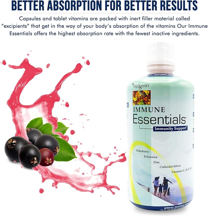 Wellgenix Immune Essentials – 12 in 1 Natural Immune System Support Supplement - Liquid Nutritional Multivitamin - Boosts Immune System and Overall Health For Kids &amp Adults - Fruit Punch Flavor 32