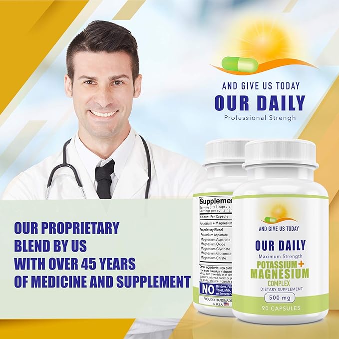 Our Daily Vites Potassium Magnesium Supplement 500mg - Powerful Magnesium Potassium Supplement with 5 Forms of Magnesium for Muscle Recovery Leg Cramps Gluten-Free Non-GMO - 90 Caps