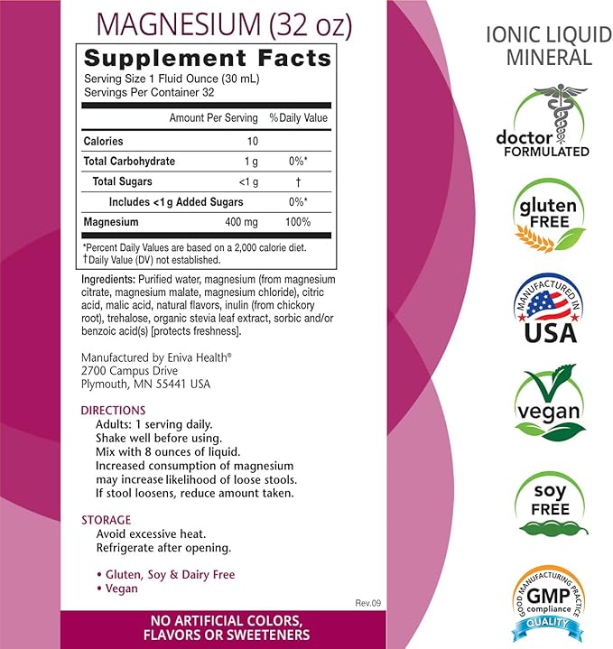 Liquid Ionic Magnesium Supplement (32oz) Digestive Health Muscle Energy and Bones. Doctor Formulated. Zero Calories. Zero Sugar. by Eniva Health.
