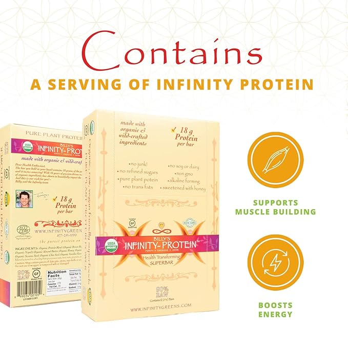 Billy's Infinity Plant Based Protein Bars Healthy Snacks with 18g of Plant Protein Organic Gluten Free Dairy Free Soy Free Sweetened with Dates and Honey (12 Bars)