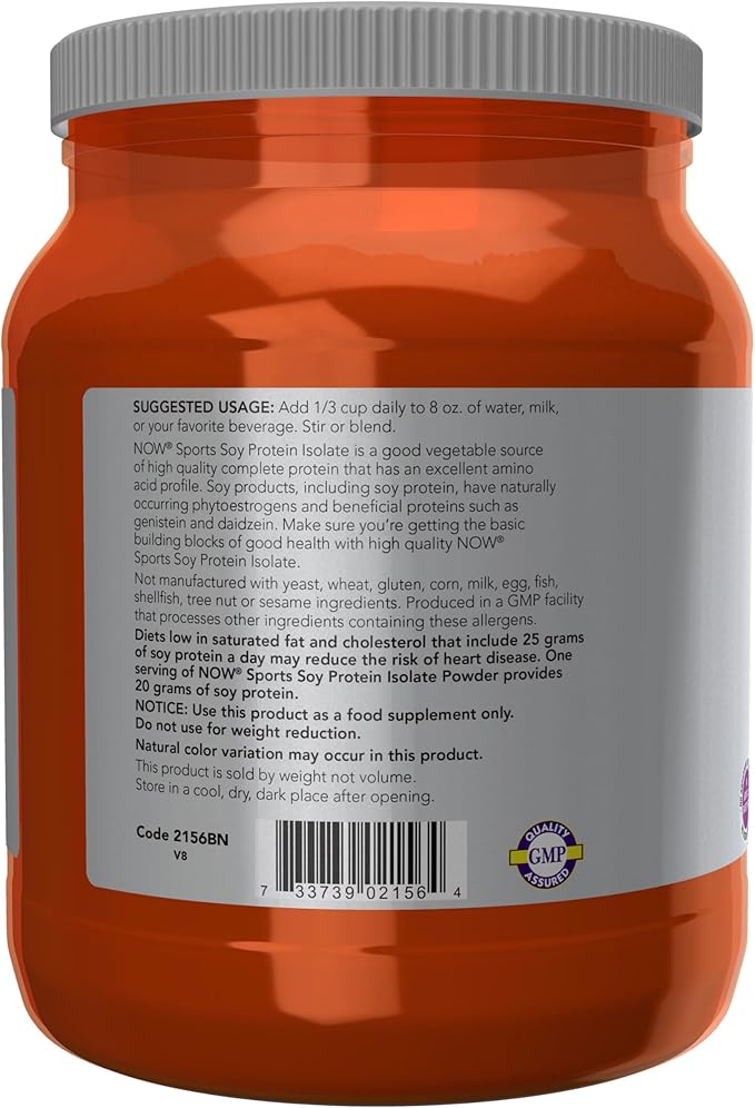 NOW Foods Sports Nutrition Soy Protein Isolate 20 G 0 Carbs Unflavored Powder 1.2-Pound