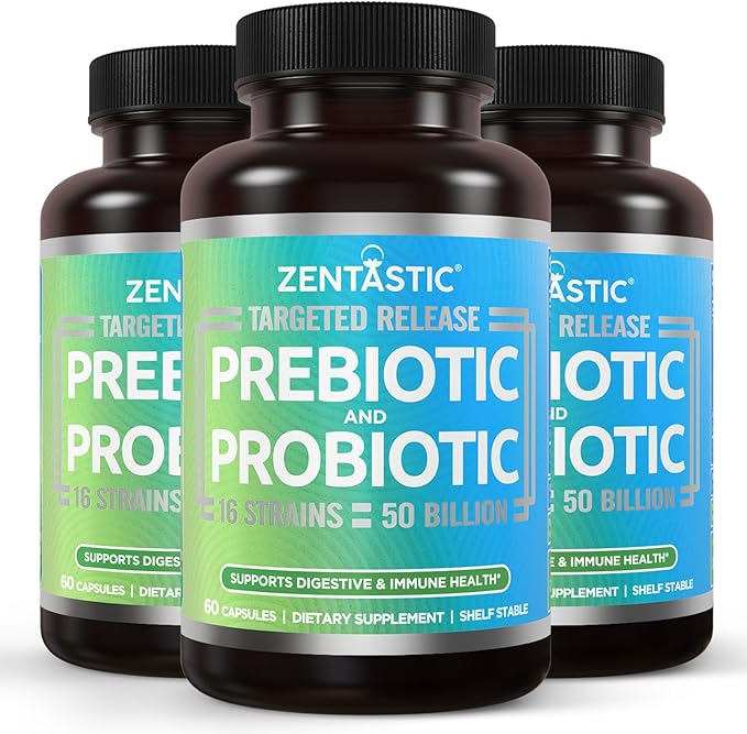 Zentastic Probiotics &amp Prebiotics Supplement - 50 Billion CFU - for Men &amp Women’s Immune &amp Digestive Health - 16 Strains - Shelf Stable - 180 Delayed Release Veggie Capsules
