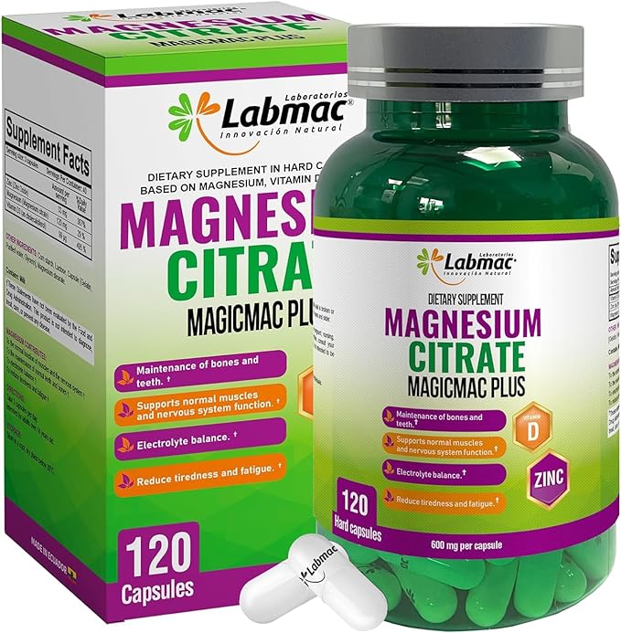 Magnesium Citrate 600mg 120 Capsules - 3-in-1 Magnesium Citrate Capsules with Vitamin D3 and Zinc Supplements - citrato de magnesio for Muscle Nerve Function Healthy Bones Teeth Fatigue/Tiredness