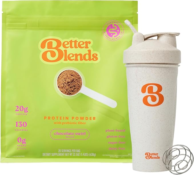 Gut-Friendly Protein Powder + Shaker Bottle for Sensitive Stomachs Low FODMAP 20g Vegan Pea &amp Rice Protein with Prebiotic Fiber Dairy &amp Gluten Free No Gums or Sugar Chocolate Swirl