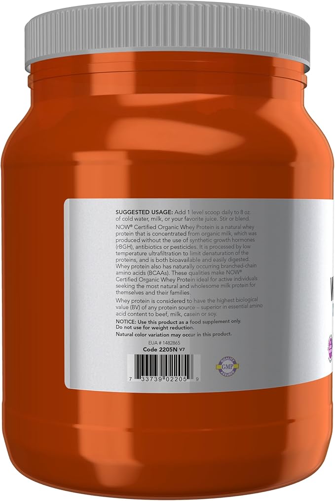 NOW Foods Sports Nutrition Certified Organic Whey Protein 19 g Unflavored Powder 1-Pound