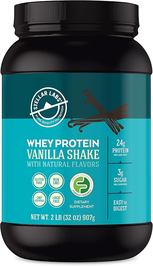 Stellar Labs Whey Protein Powder with BCAA's &amp Whey Isolate | Certified Low FODMAP Non GMO Gluten Free Soy Free Low Carb Keto with Stevia | All Natural Lean Post Workout Shakes | Vanilla