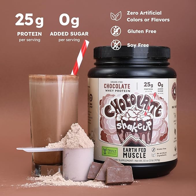 Earth Fed Muscle Chocolate Shakeup Truly Grass Fed Whey Protein Isolate. 3rd-Party Certified No Artificial Ingredients Soy Free Gluten Free Non-GMO Hormone Free (2 Pound 29 Servings Chocolate)