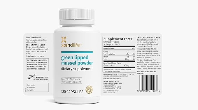 Xtendlife Green Lipped Mussel Powder - 2400mg Supplement with Omega-3 Fatty acids from New Zealand for Joint Health 120 Capsules (2 Pack)