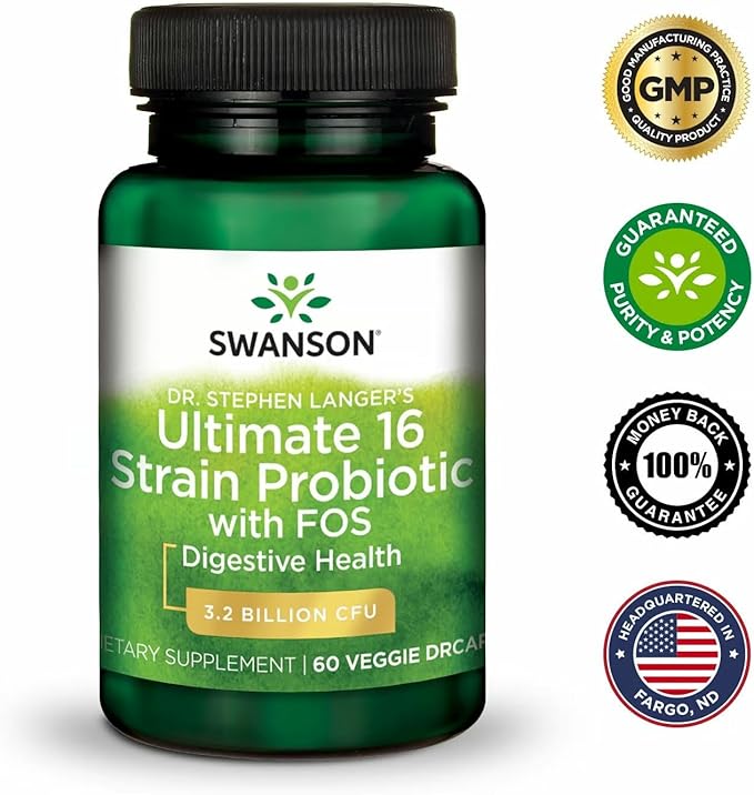 Swanson Dr. Stephen Langer's 16-Strain Probiotic with Prebiotic FOS for Gut-Health-Conscious Adults with 3.2 Billion CFU (60 Vegan Capsules 4 Pack)