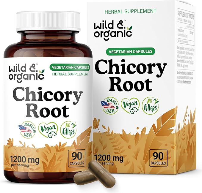 Wild &amp Organic Chicory Root Capsules - 1200 mg of Chicory Root Powder per Serving - Digestive &amp Gut Support - Inulin Fiber Prebiotic Supplement - Non-GMO Vegan Inulin Capsules - 90 Count