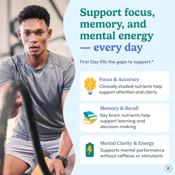 FIRST DAY Men’s Daily Nootropic Brain Supplement Gummies for Focus Memory &amp Mental Energy | with Cognizin® Citicoline Phosphatidylserine &amp Natural Caffeine | Vegan Allergen-Free | 30-Day Su