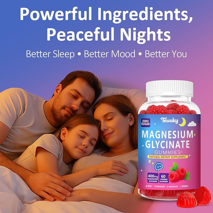 Magnesium Glycinate Gummies 400mg - Sugar Free Vegan Gummies for Adults &amp Kids with Vitamin D3 B6 C CoQ10 Collagen Zinc - Sleep Muscle Bone &amp Memory Support - 60 Raspberry Chewables / 2