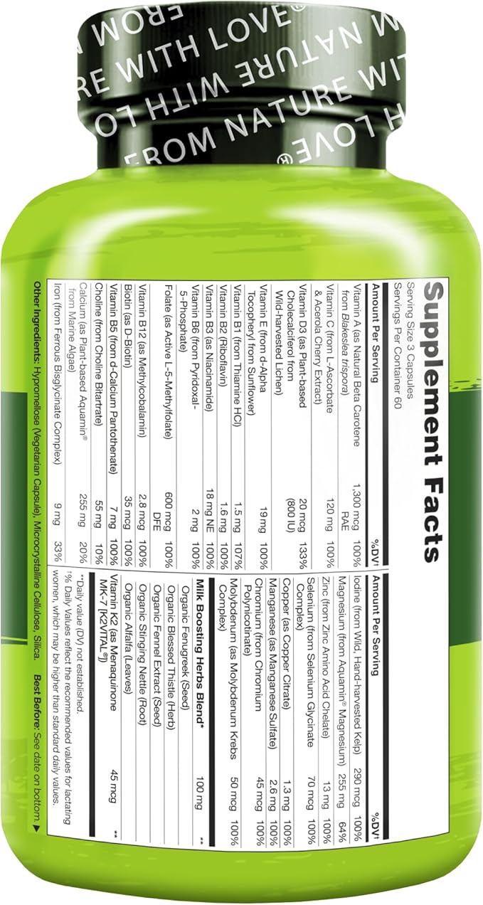 NATURELO Postnatal Multivitamin - Supplement for Breastfeeding Women - Plant-Based Vitamin D Folate Gentle Iron - for Nursing Mother Baby - Post Natal Lactation Support 180 Capsules