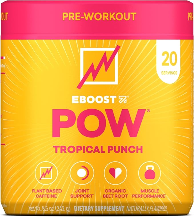 EBOOST POW Natural Pre Workout Powder – 20 Servings - Tropical Punch - A Pre Workout Supplement for Performance Joint Mobility Support Energy Focus - Men &amp Women - Non-GMO Gluten-Free No Crea