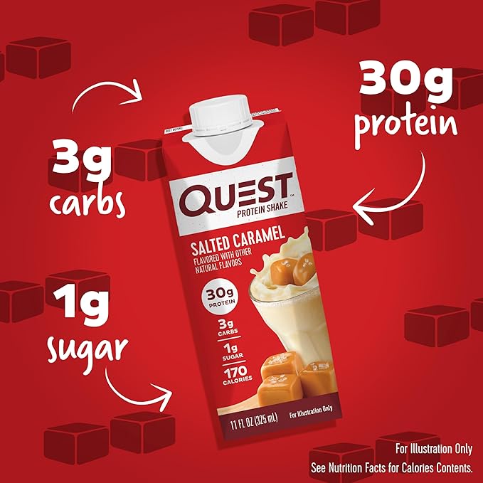 Quest Protein Shake Salted Caramel 4 Count Bundle with Mini Chocolate Chip Cookie Dough Protein Bars 14 Count