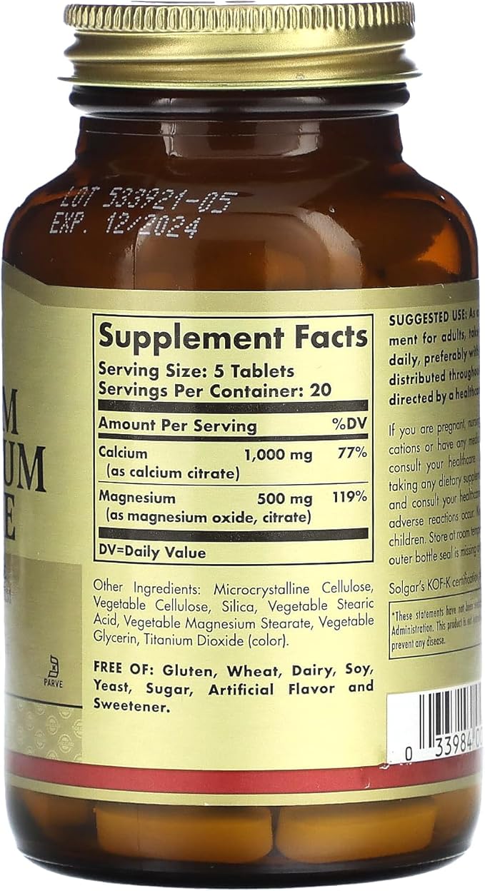 Solgar Calcium Magnesium Citrate - 100 Tablets Pack of 2 - Non-GMO Vegan Gluten Free Kosher - 40 Total Servings