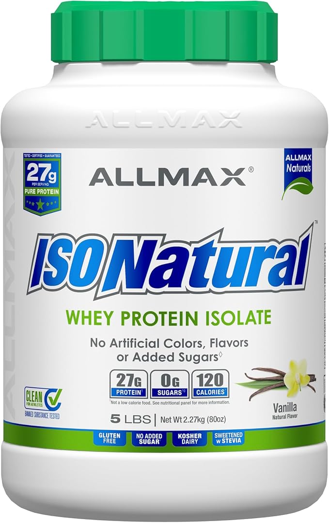 ALLMAX ISONATURAL Whey Protein Isolate Vanilla - 5 lb - 27 Grams of Protein Per Scoop - Zero Fat &amp Sugar - 99% Lactose Free - with Prebiotics - No Artificial Flavors - Approx. 73 Servings