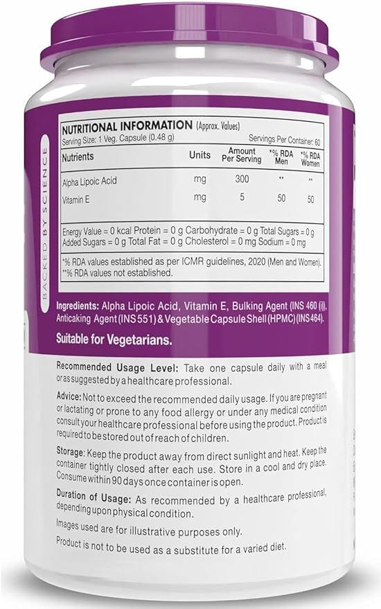 Nutrition Alpha Lipoic Acid - ALA- Pack of 60 Veg. Capsules - Gluten Free &amp Non-GMO