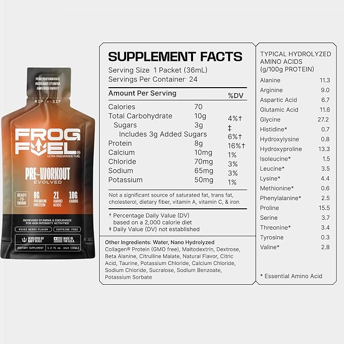 Frog Fuel Power Regular Protein &amp Ultra Pre Workout Shot Bundle 1500mg Beta Alanine 15g Protein Nano-Hydrolyzed Grass Fed Collagen Pre &amp Post Workout 1.2 oz Packets 48 Pack