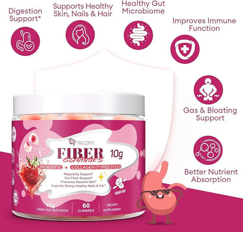 10G Fiber Gummies with Collagen Peptides Hyaluronic Acid Vitamin C ACV &amp 30 Billion CFU Probiotics – Sugar Free Collagen Gummies for Skin Hair &amp Nails – Digestive Support – 120 Cts